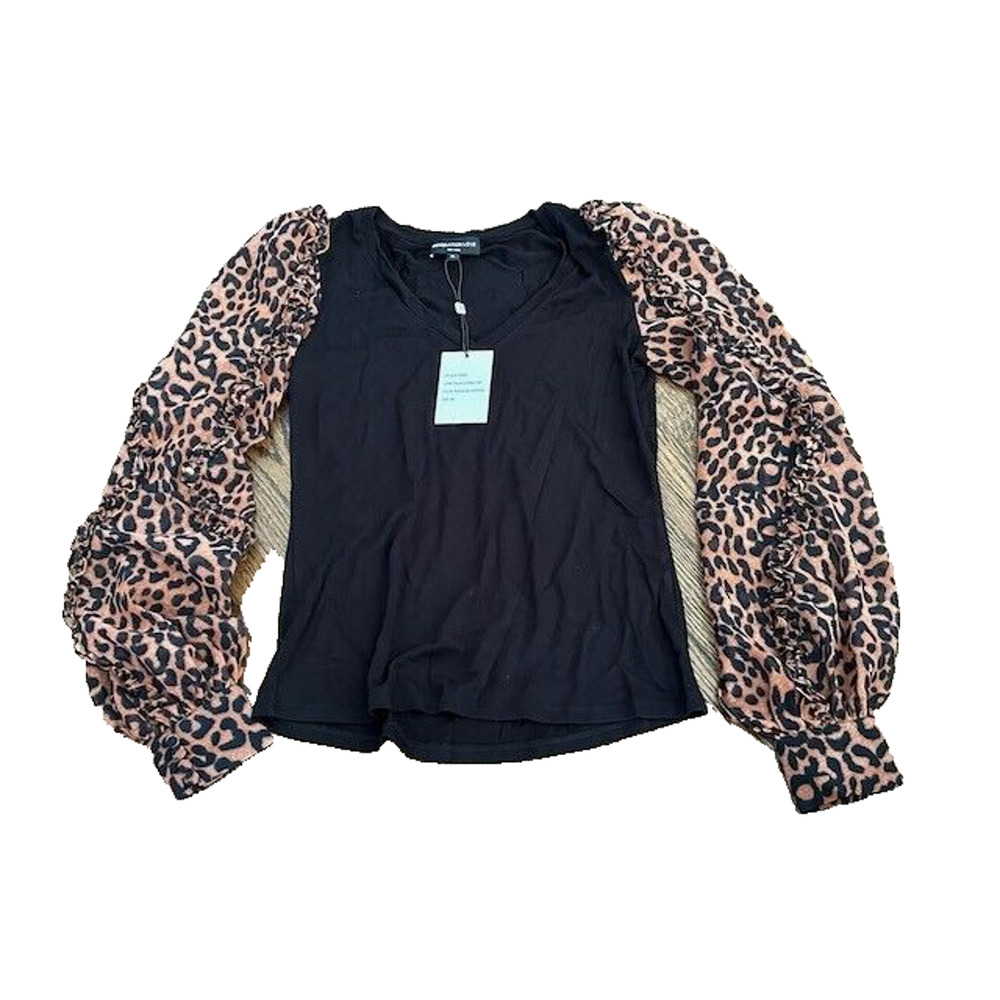 Generation‎ Love Kalani Combo Top Speckled Leopard Sleeves Black XS NEW